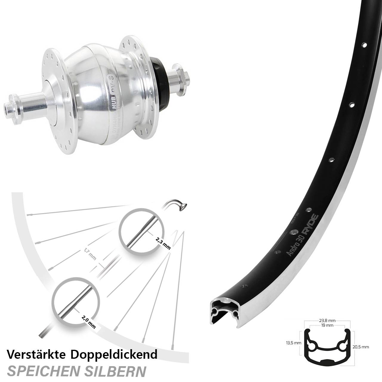 Nabendynamolaufrad 28 Zoll Ryde Andra 30 Shutter Precision PV-8 für Schnellspanner