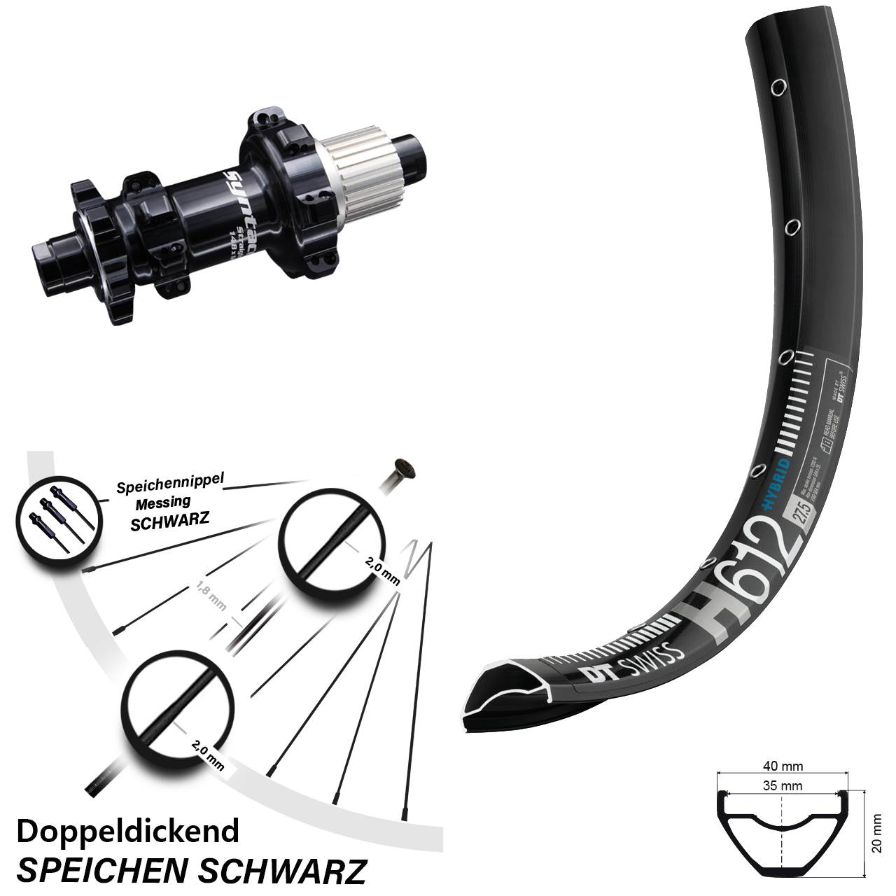 DT Swiss H 612 Syntace Boost Hinterrad 27,5 Zoll 6-Loch Micro Spline