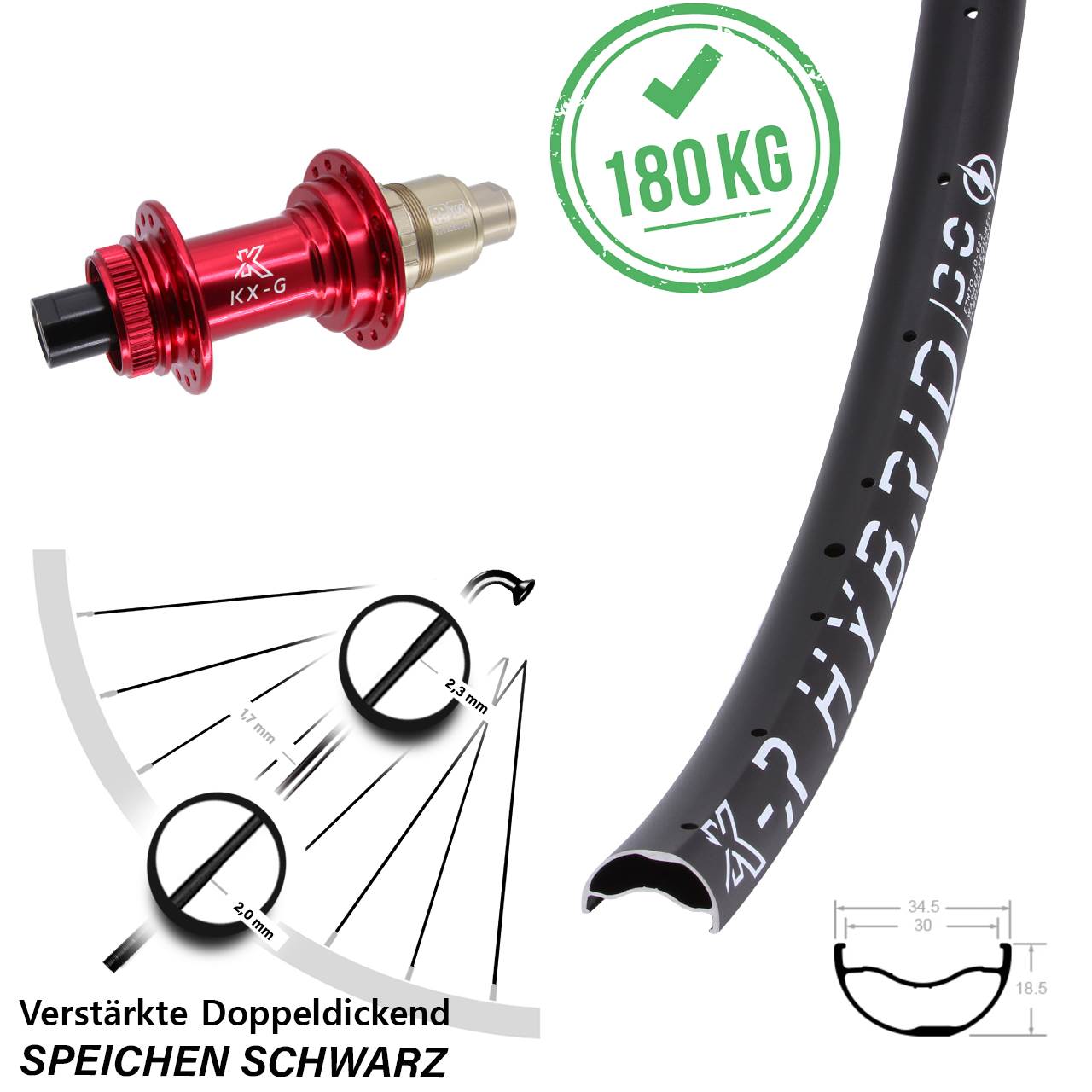 Hinterrad Centerlock 12x142 29 Zoll KX-GR Hybrid 30 rot SRAM XDR