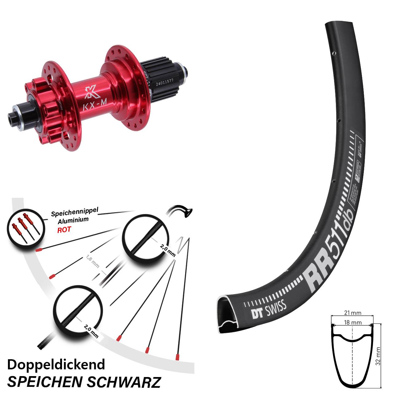 Hinterrad 6-Loch für Schnellspanner 28 Zoll DT Swiss RR511 KX-M rot Shimano Micro Spline