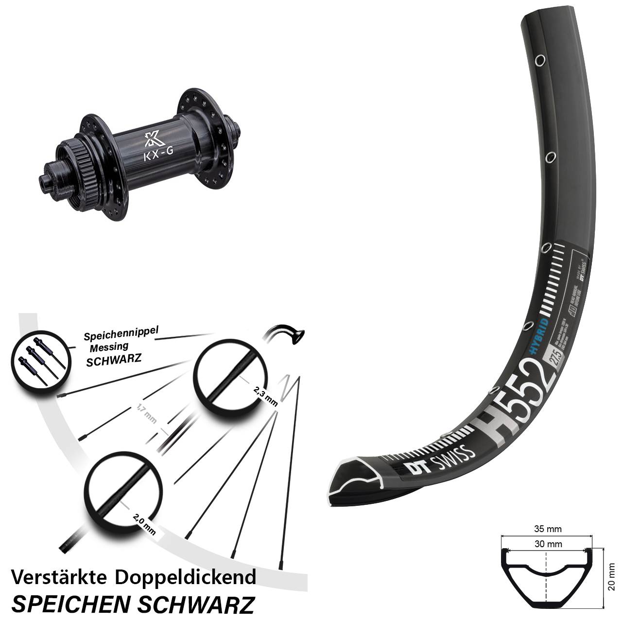 DT Swiss H552 KX-G 27,5 Zoll Vorderrad Centerlock für Schnellspanner