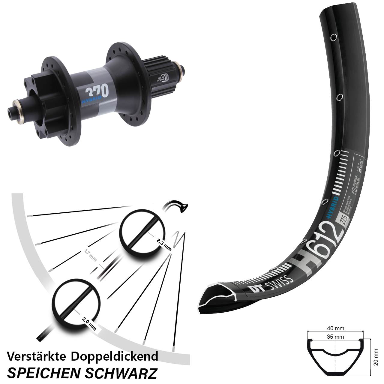 Hinterrad für Schnellsp. 27,5 Zoll DT Swiss H612-370 Hybrid Micro Spline