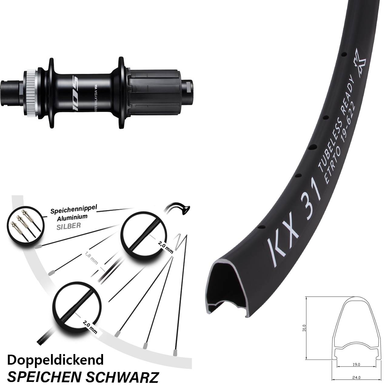 Hinterrad Centerlock 12x142 28 Zoll KX 31 Shimano FH-R7070 8-12 fach