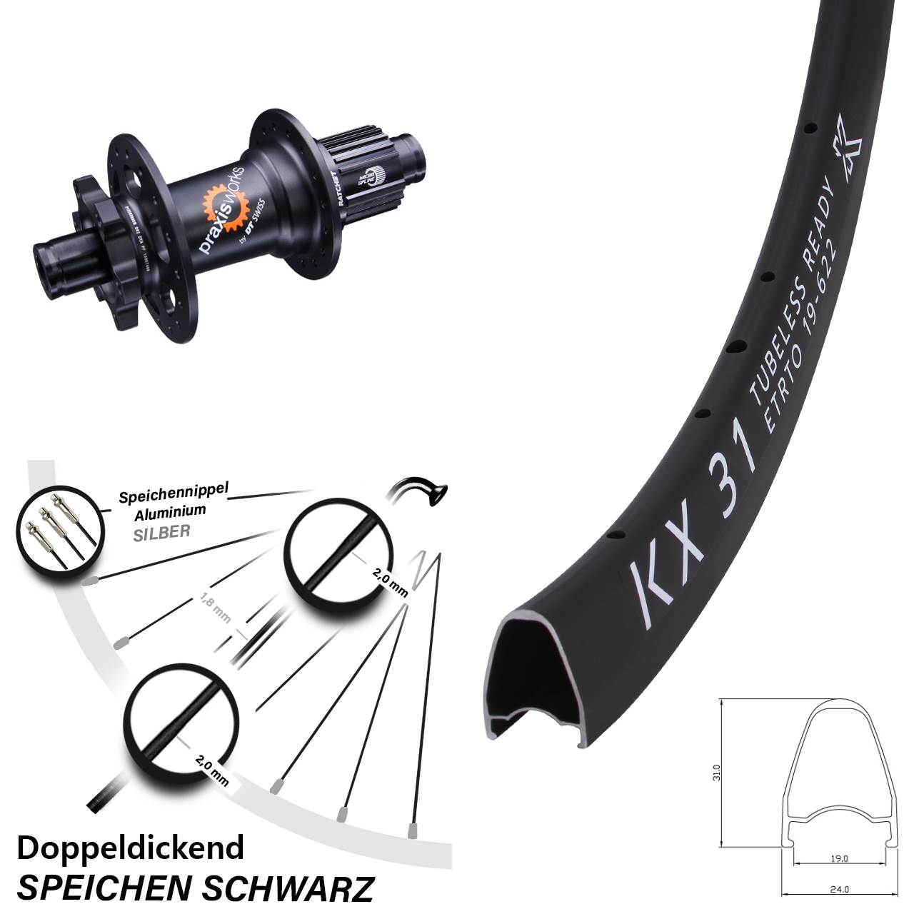 KX31 DT Swiss 350 28 Zoll Disc Hinterrad 12x142 Micro Spline