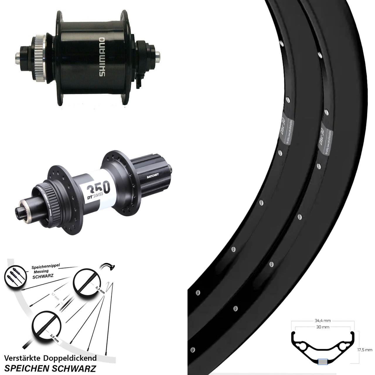 27,5 Zoll Ryde Disc 30 DT Swiss 350 Shimano DH-UR700-3D Laufradsatz Disc QR 8-11 fach