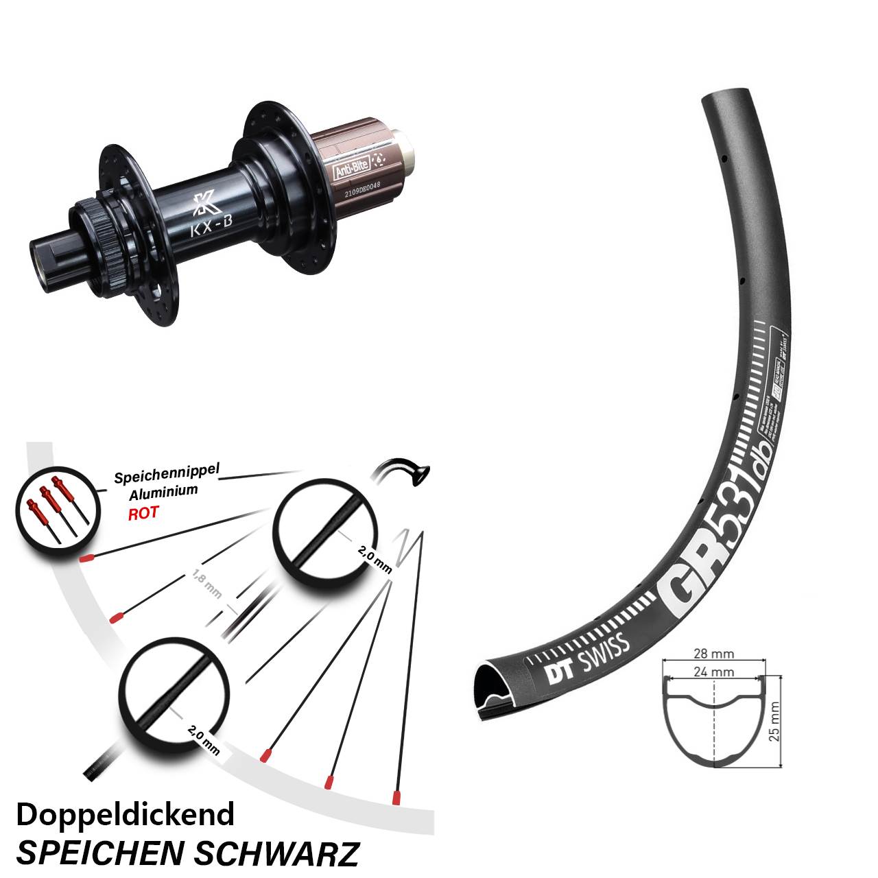 DT Swiss GR 531 DB Hinterrad 28 Zoll Centerlock Boost KX-B 12x148 mm 8-12 fach