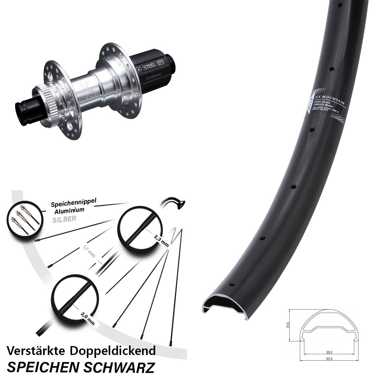 Hinterrad Centerlock 12x142 29 Zoll KX Mountain TR silbern Stahlachse 8-12 fach