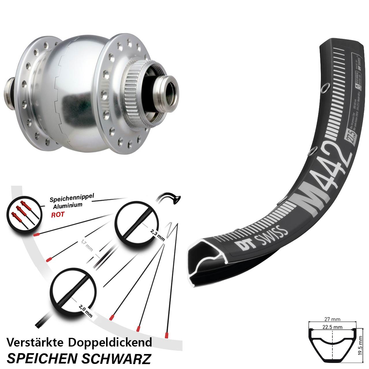 Nabendynamovorderrad Centerlock 12x100 28-29 Zoll DT Swiss M442 SON 28