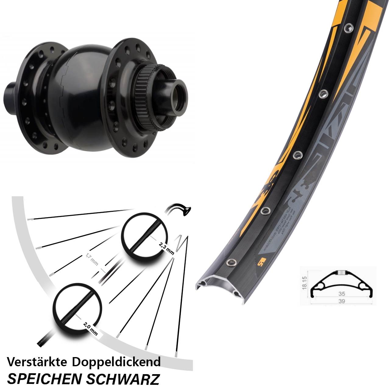 breites Vorderrad Dynamo Boost SON 28-15x110 mm Rodi TRYP 35 verstärkt 27,5 Zoll