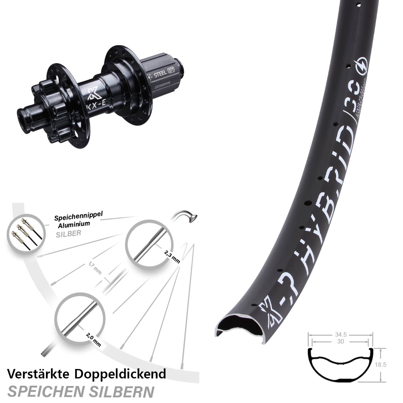 KX-ER Hybrid 30-622 Hinterrad 29 Zoll E-Bike verstärkt 6 Kugellager QR 8-12 fach