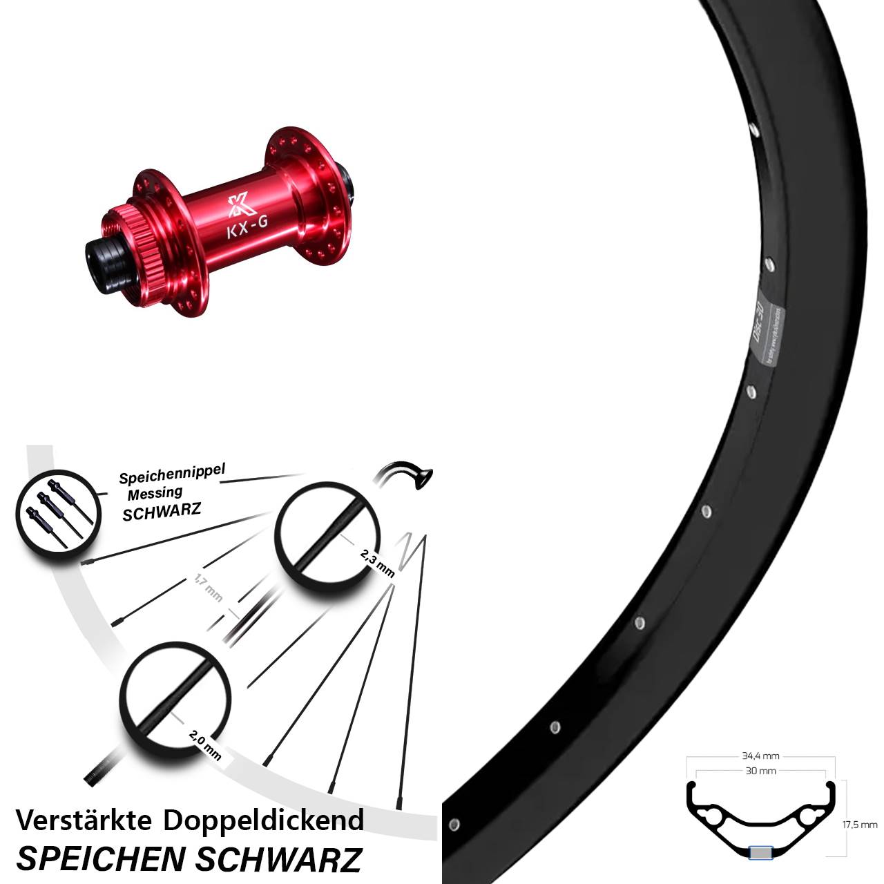 Vorderrad 27,5 Zoll Ryde Disc 30 KX-G rot 15x100