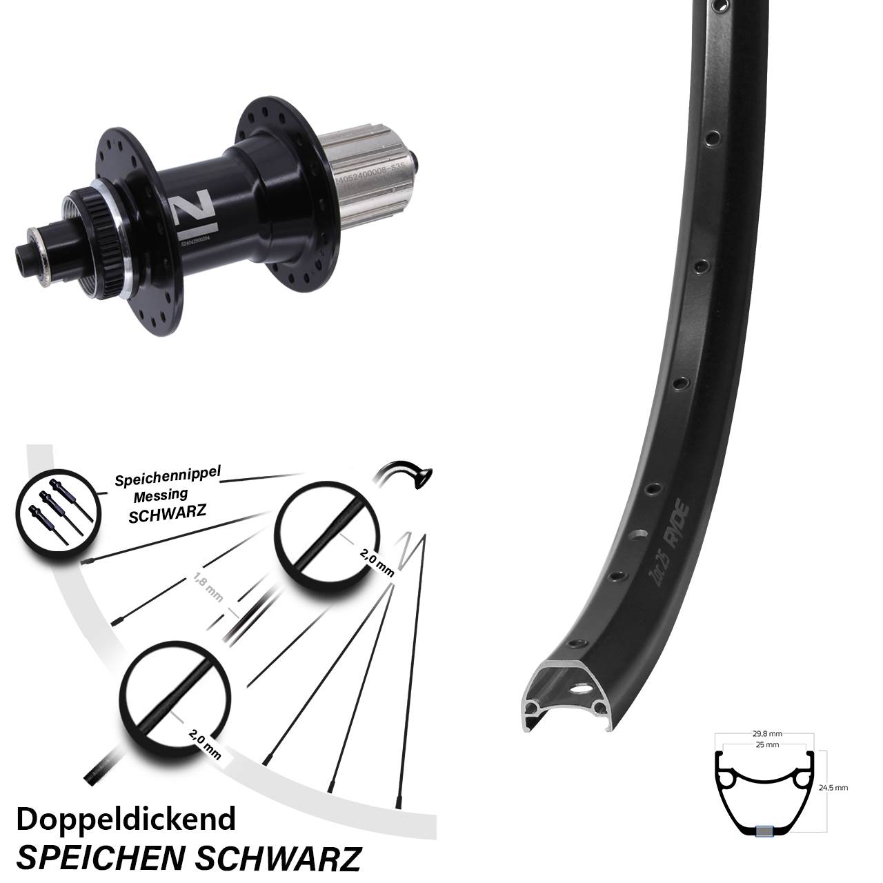 Disc Hinterrad 29 Zoll Ryde ZAC 25 Novatec D042 8-12 fach HG QR
