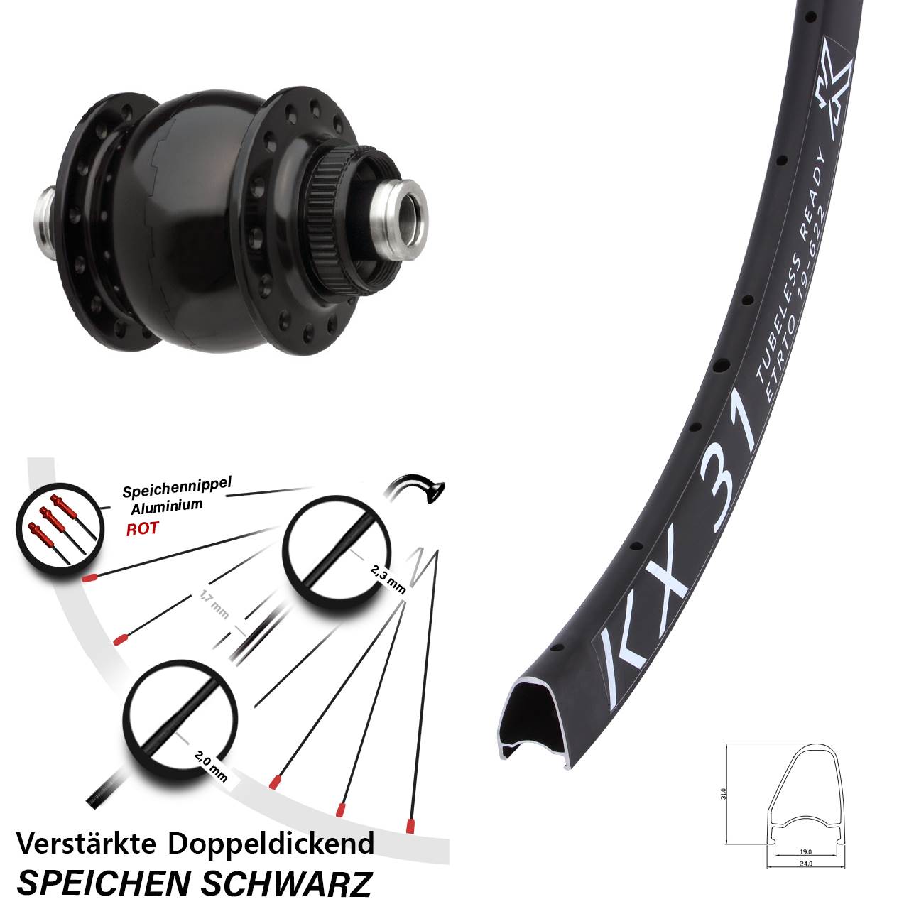 Vorderrad Dynamo 28 Zoll KX 31 Disc SON 28-12 Centerlock schwarz