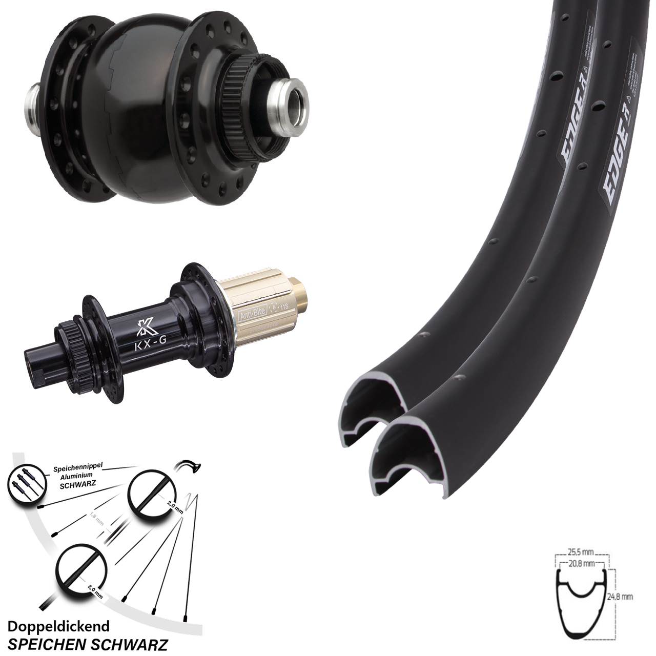 Laufradsatz Ryde Edge R 25 OS KX-G Steckachse 11-fach Dynamo Centerlock SON 28 Zoll