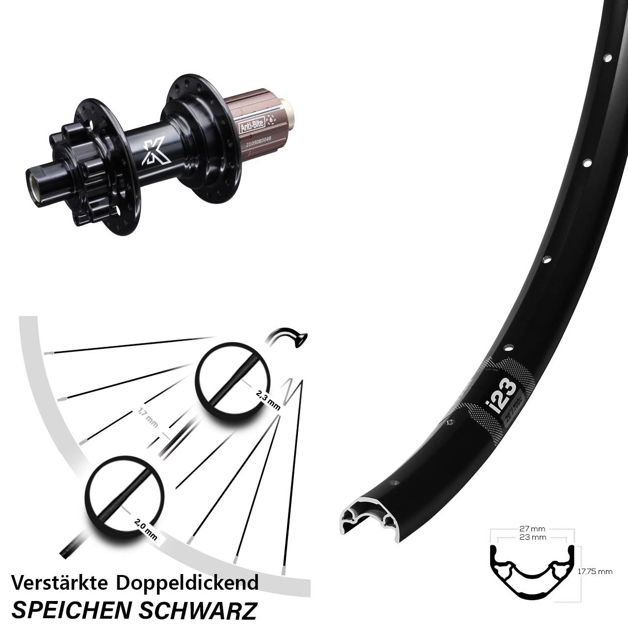 WTB i23 KX-M Shimano Anti-Bite 28-29 Zoll Hinterrad 6-Loch 12x142 8-12 fach