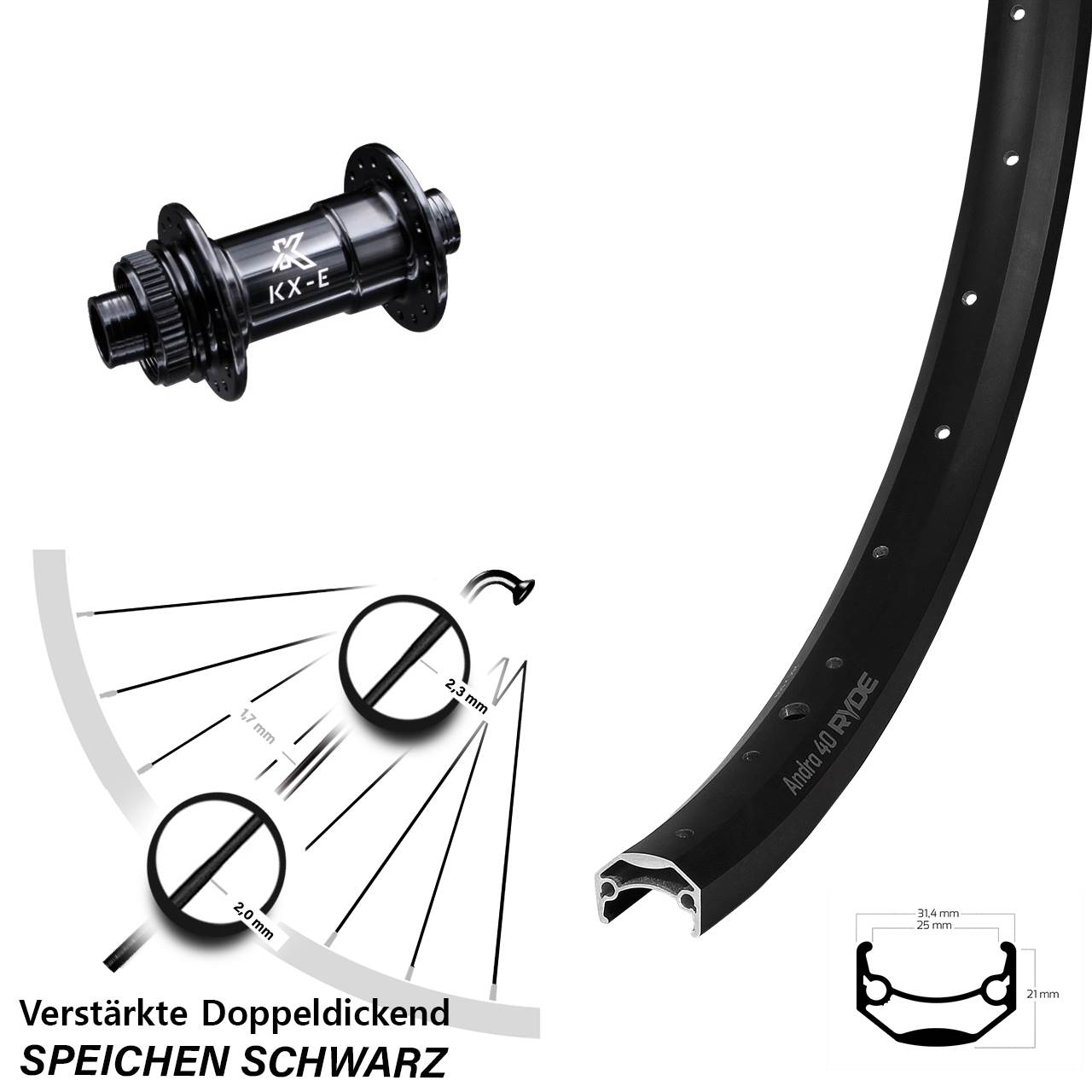 KX-E Nabe Centerlock 15x100 mm Ryde Andra 40 Disc Vorderrad 26 Zoll für Steckachse
