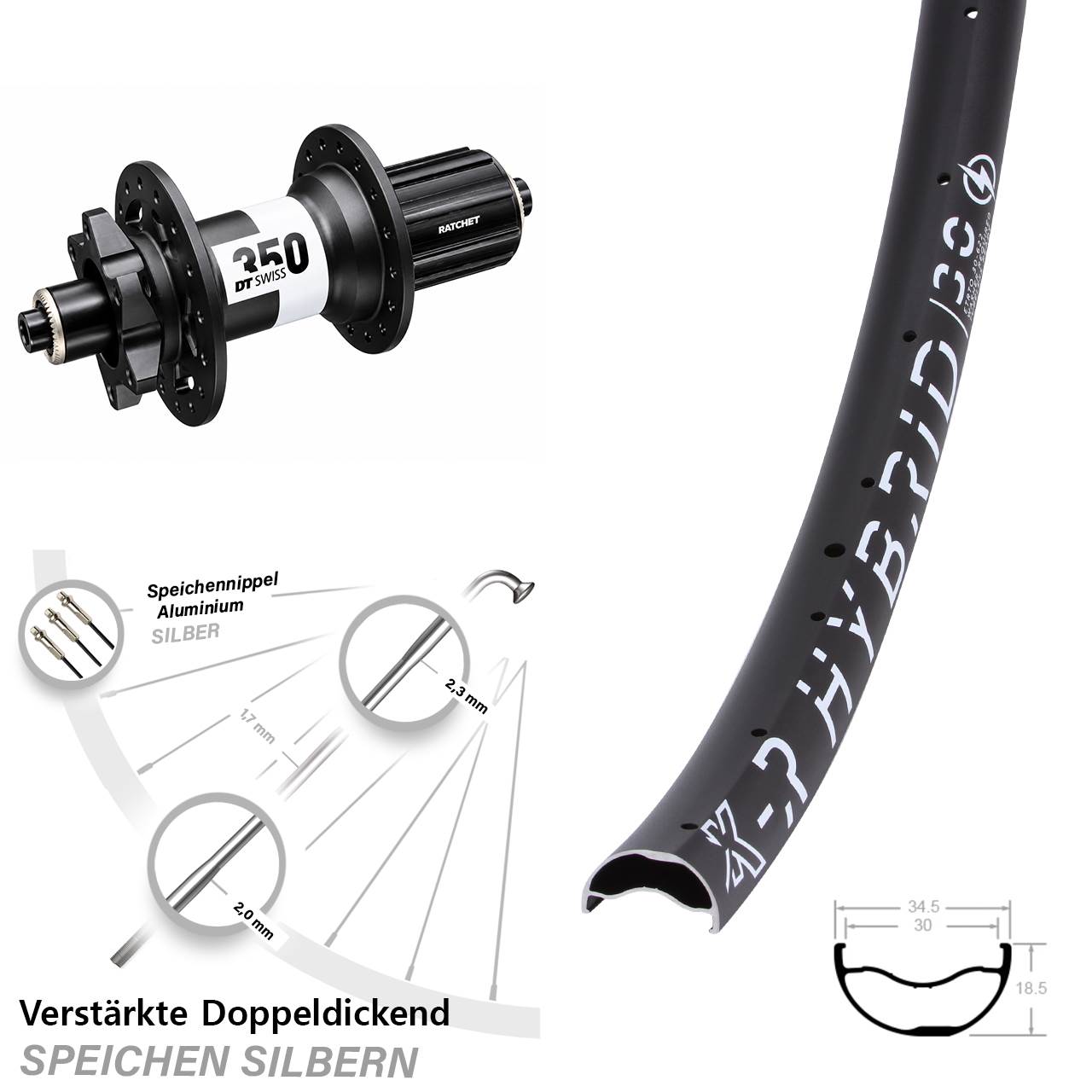 29 Zoll KX-R Hybrid 30 DT Swiss 350 Ratchet 36 Hinterrad 6-Loch QR 8-11 fach HG