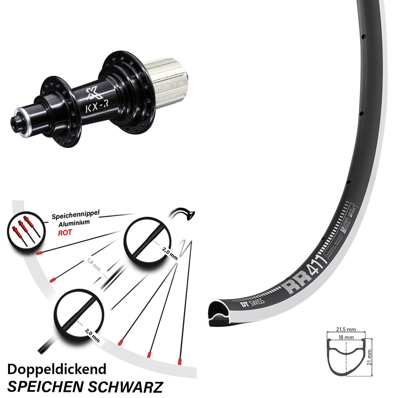 DT Swiss RR 411 OS Hinterrad 28 Zoll KX-R 5x130 mm schwarz Felgenbremse 8-12 fach