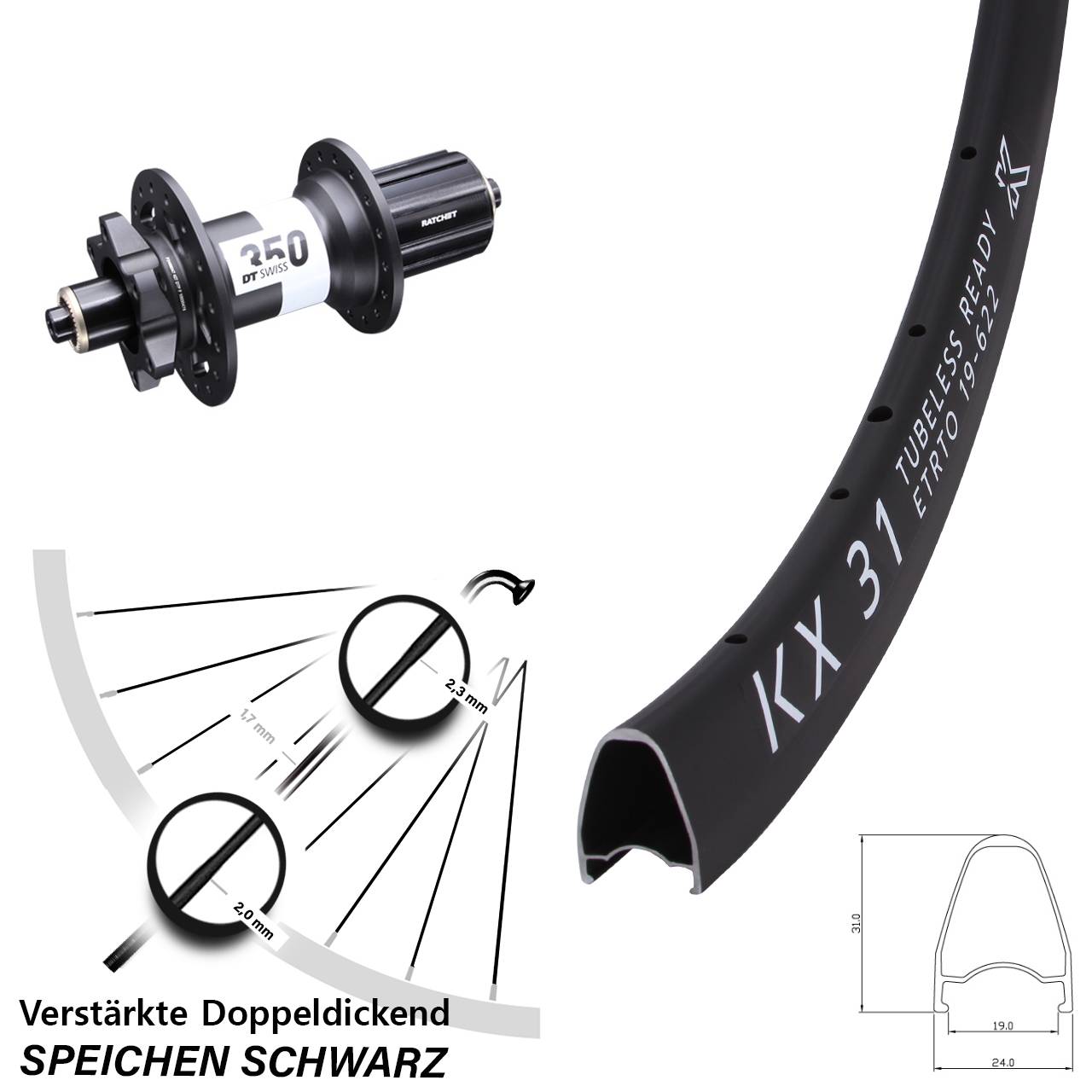 28 Zoll KX 31 DT Swiss 350 Disc Hinterrad für Schnellspanner 8-11 fach