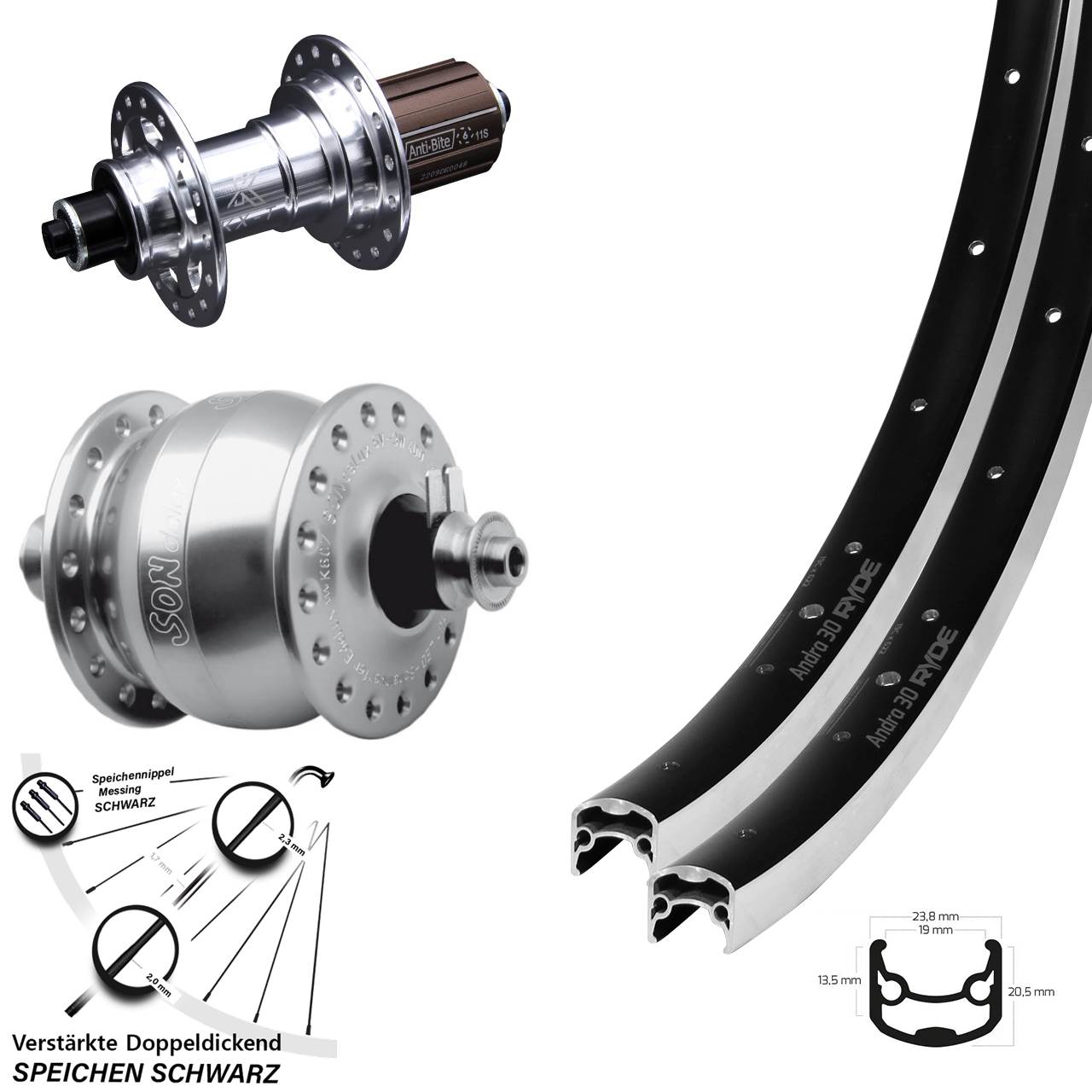 Ryde Andra 30 KX-T SON delux 26 Zoll Laufrad-Satz für Schnellspanner 8-12 fach
