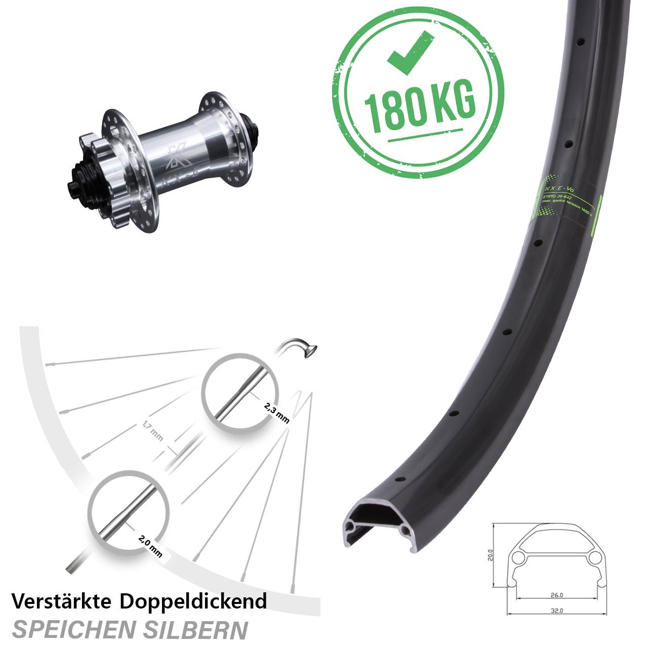 KX-Evo Vorderrad 20 Zoll Lastenrad 5x100 mm 6-Loch verstärkt