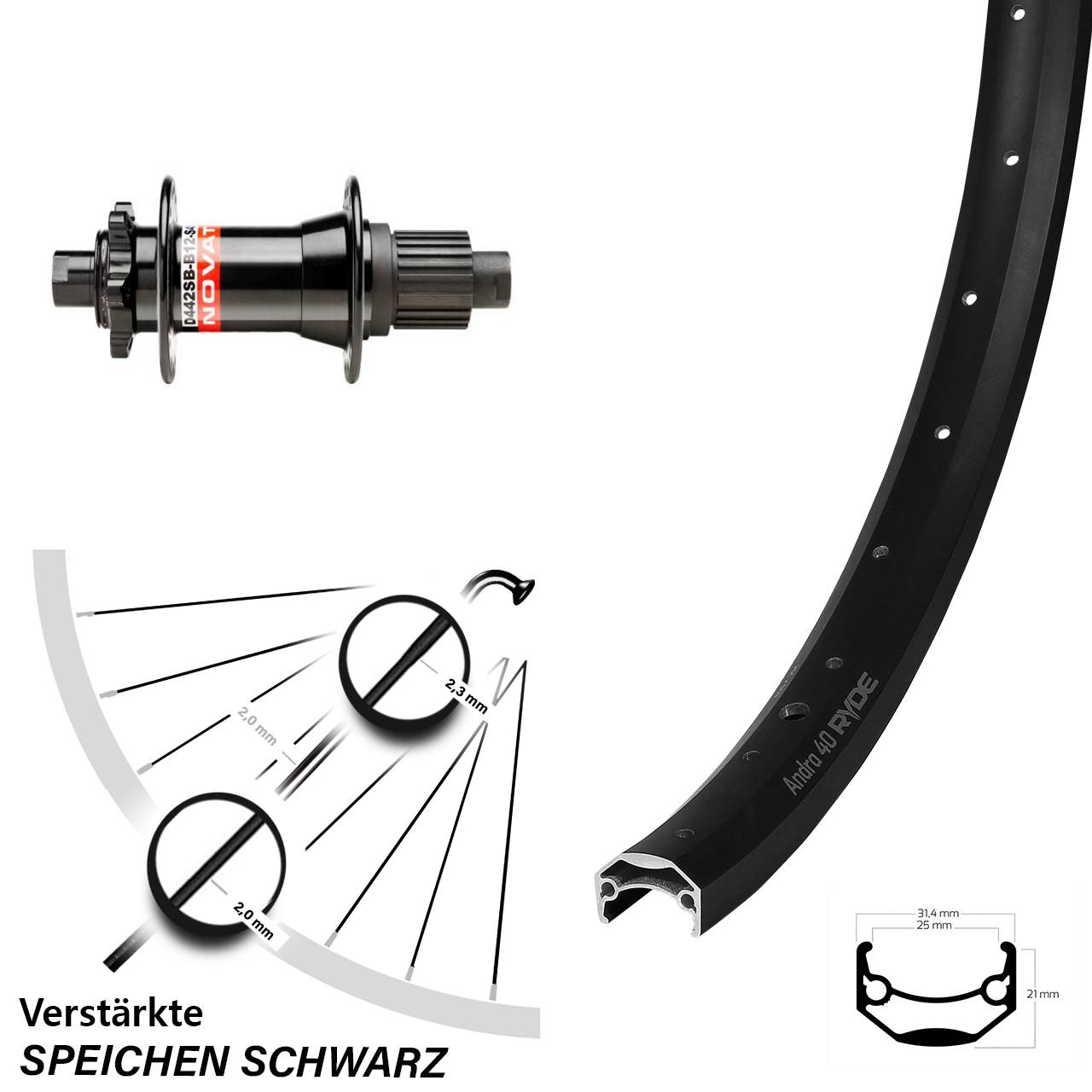 29 Zoll Hinterrad Novatec D442 Boost Ryde Andra 40 Disc 12-fach Shimano