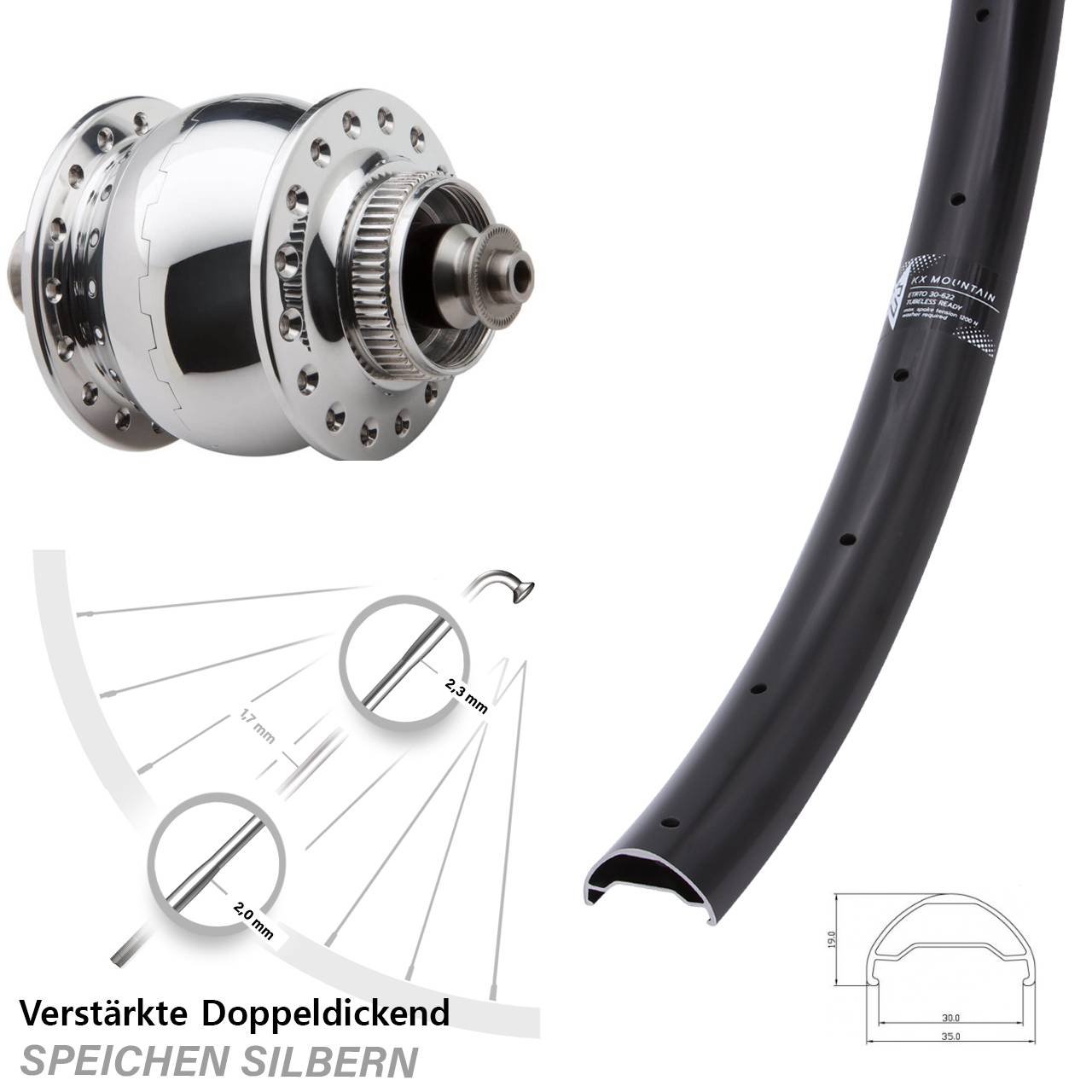 Vorderrad 29 Zoll KX Mountain TR 30-622 ETRTO Nabendynamo SON 28 Centerlock