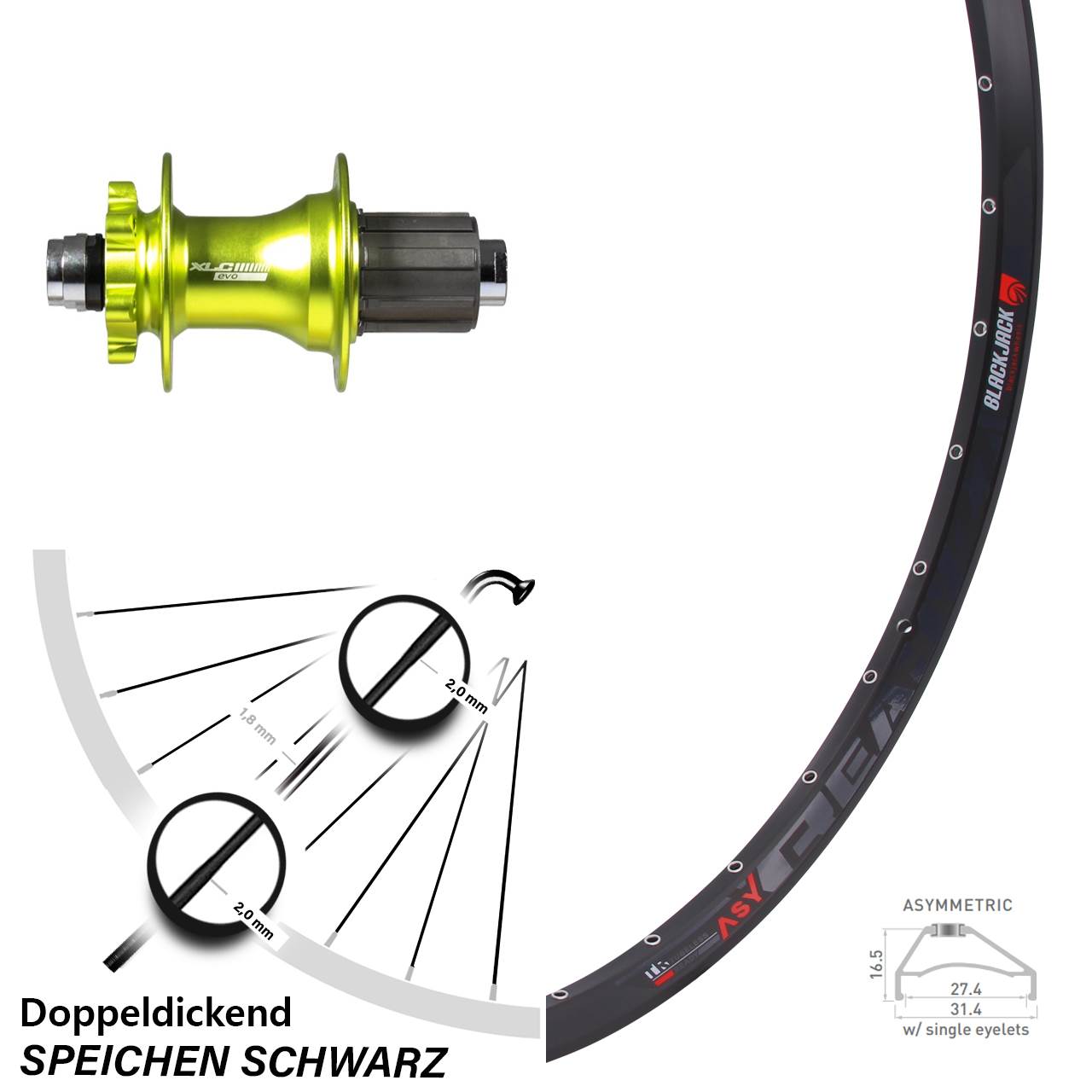 27,5 Zoll Laufrad 12x142 mm Steckachse XLC Evo grün eloxiert Rodi Ready 27-584 ETRTO 8-11 fach