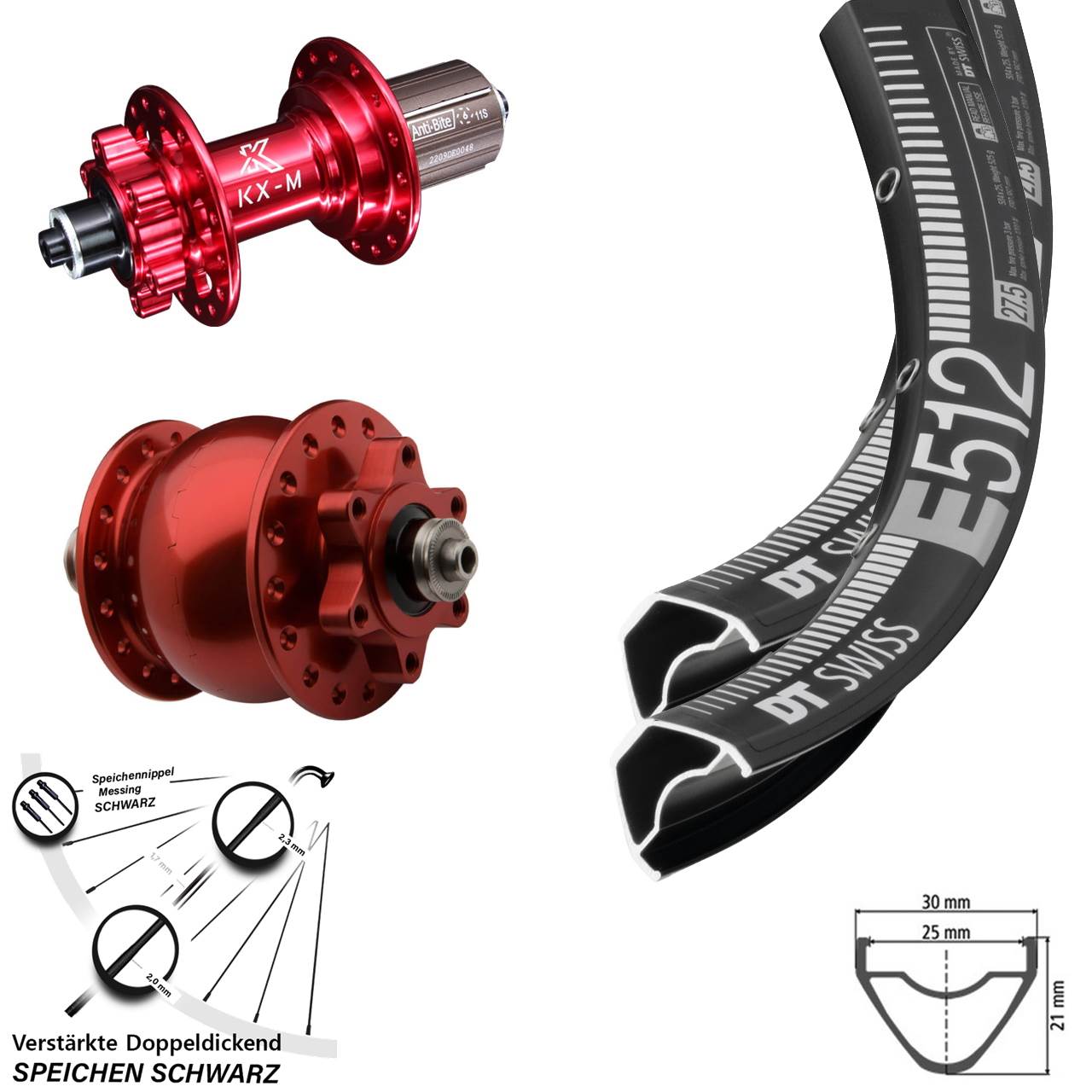 DT Swiss E512 KX-M rot SON 28 Disc 6-Loch 29 Zoll Laufrad-Satz QR 8-12 fach HG