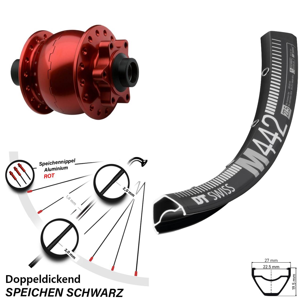 SON 28 rot DT Swiss M442 28 Zoll Vorderrad mit Nabendynamo 6-Loch 15x100