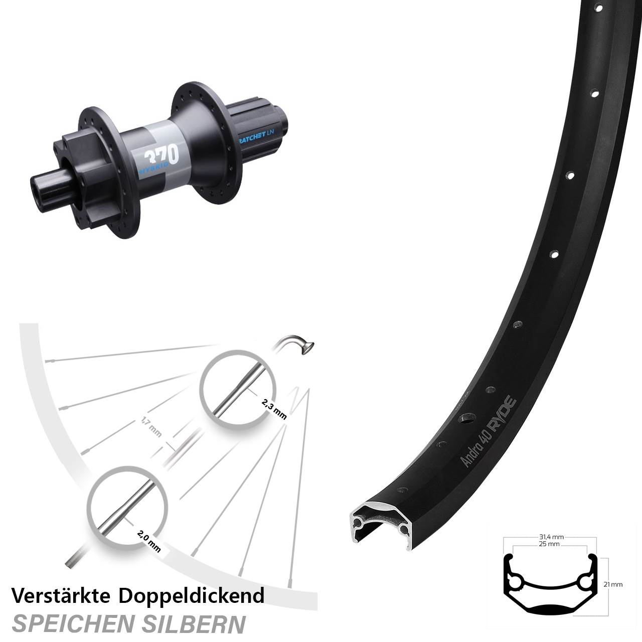 Ryde Andra 40 DT Swiss 370 Hybrid 20 Zoll Hinterrad 6-Loch 12x148 8-11 fach HG