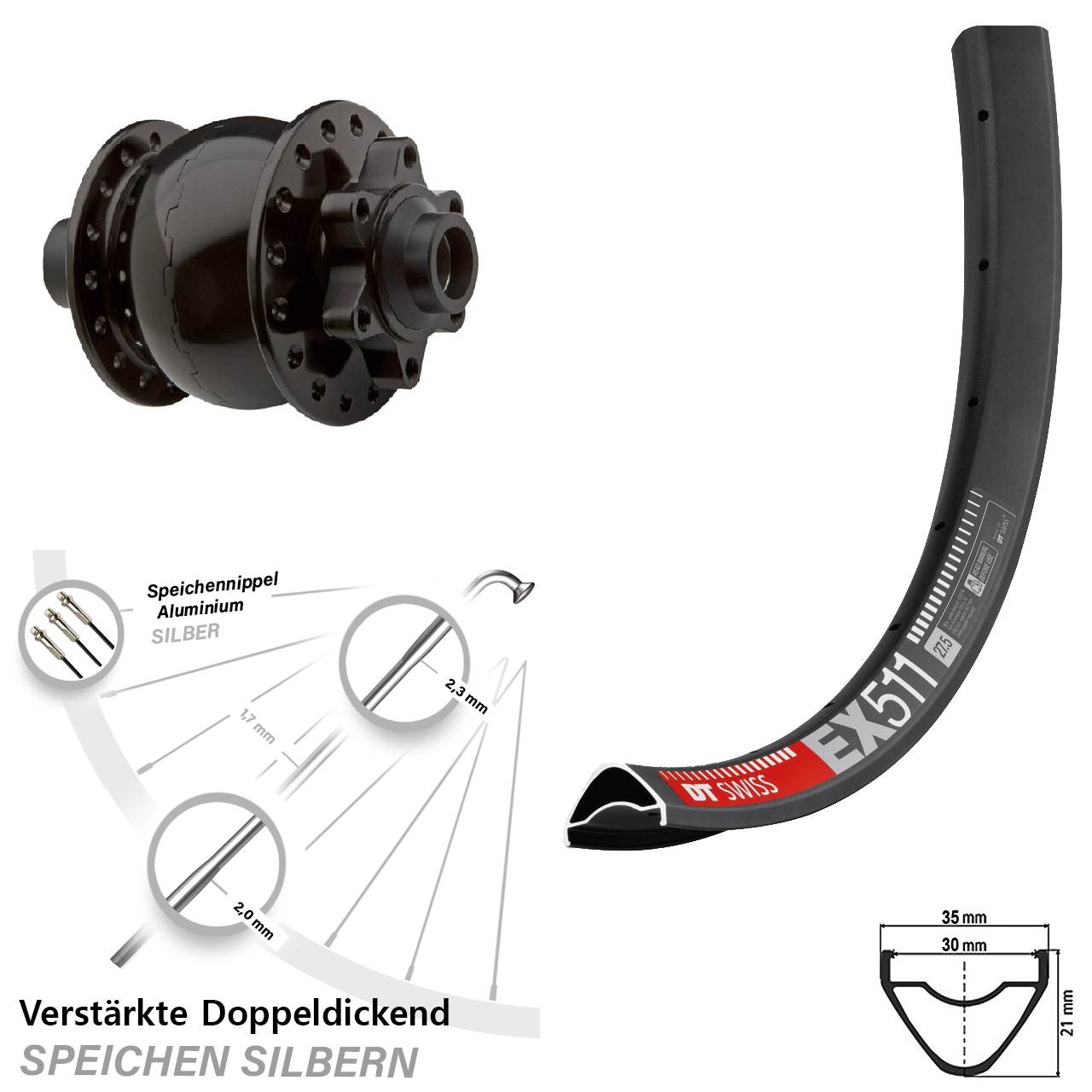 Disc Vorderrad mit Nabendynamo 27,5 Zoll DT Swiss EX 511 SON 28 15x100