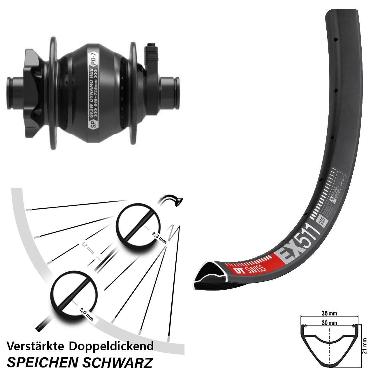 6-Loch Dynamo-Vorderrad 29 Zoll DT Swiss EX511 Shutter PD-7 12x100