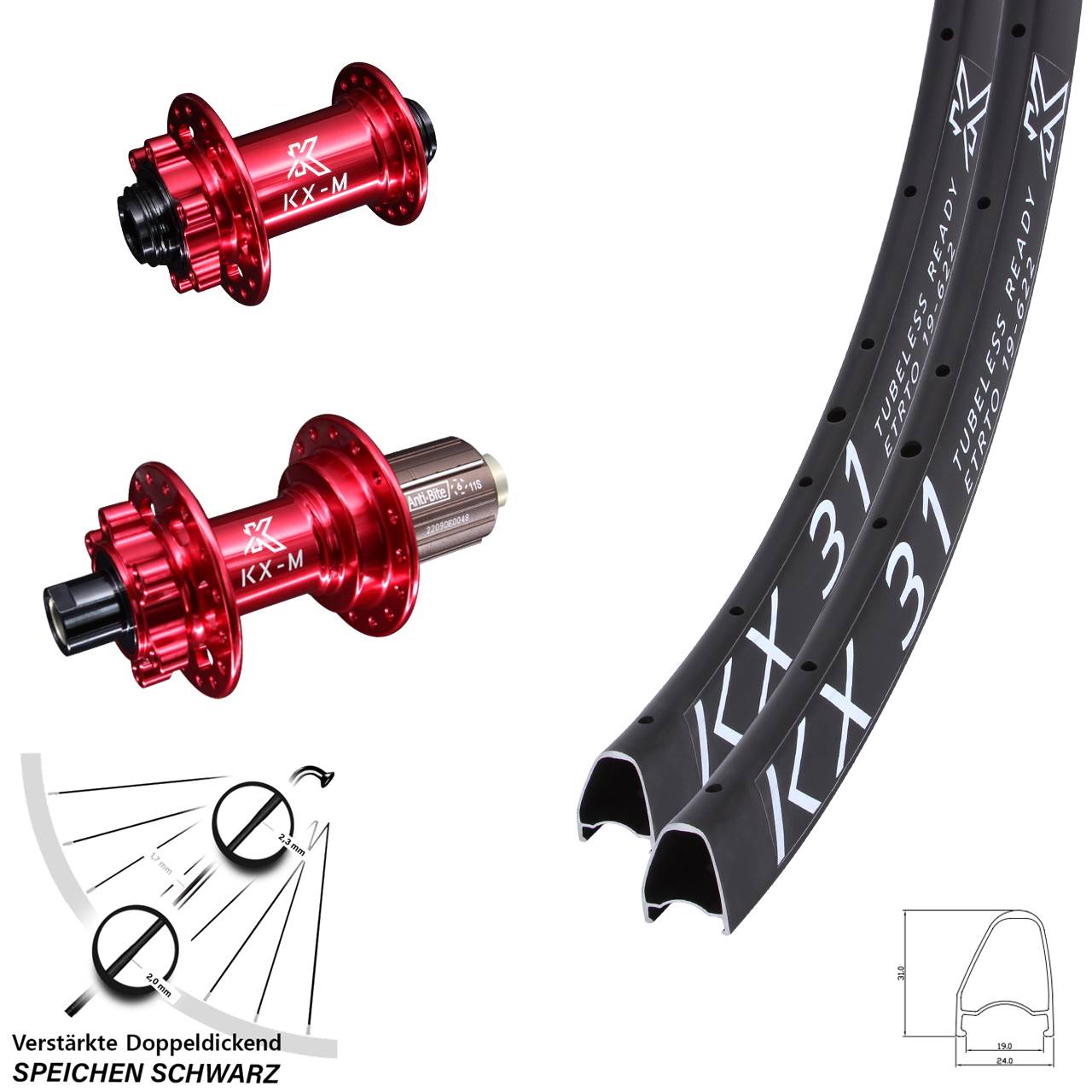 KX-M 31 rot 28 Zoll Disc Laufrad-Satz 12x100/142 8-12 fach