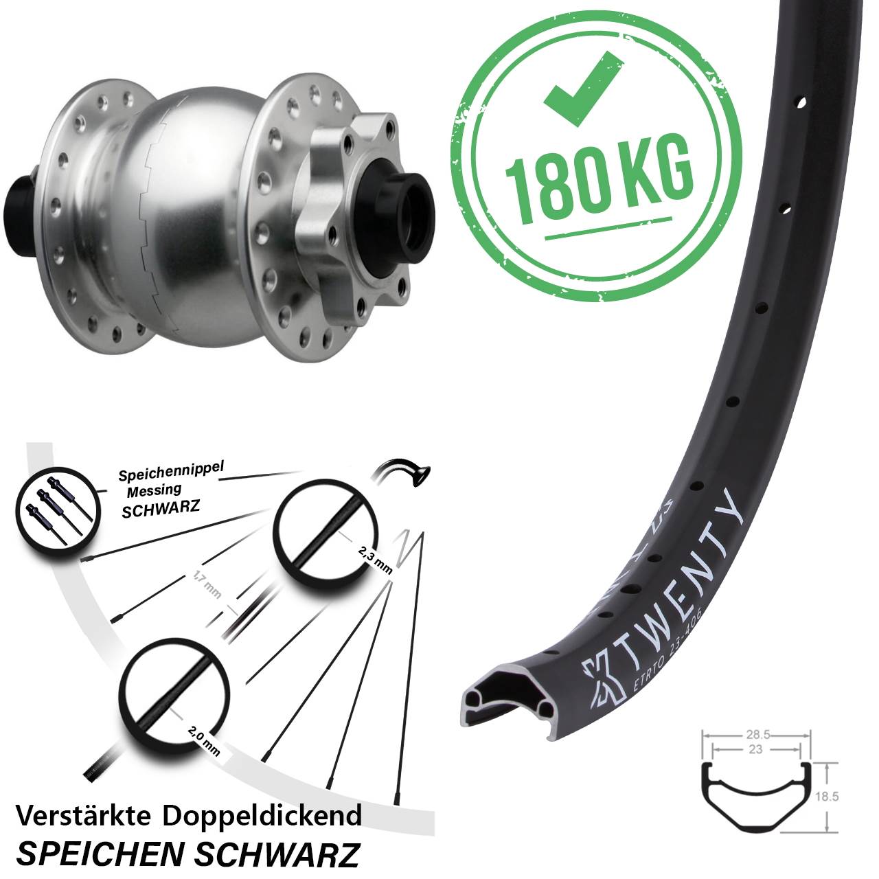 Disc Laufrad mit Nabendynamo 20 Zoll KX Twenty SON 28 silbern 15x110 Boost