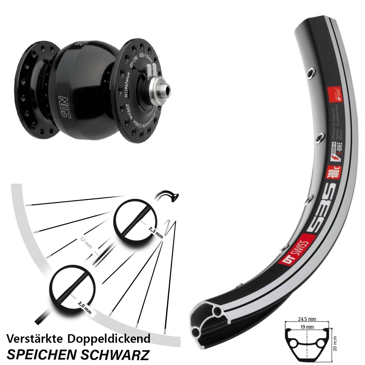 28 Zoll DT Swiss 535 SON delux wide body Nabendynamovorderrad QR