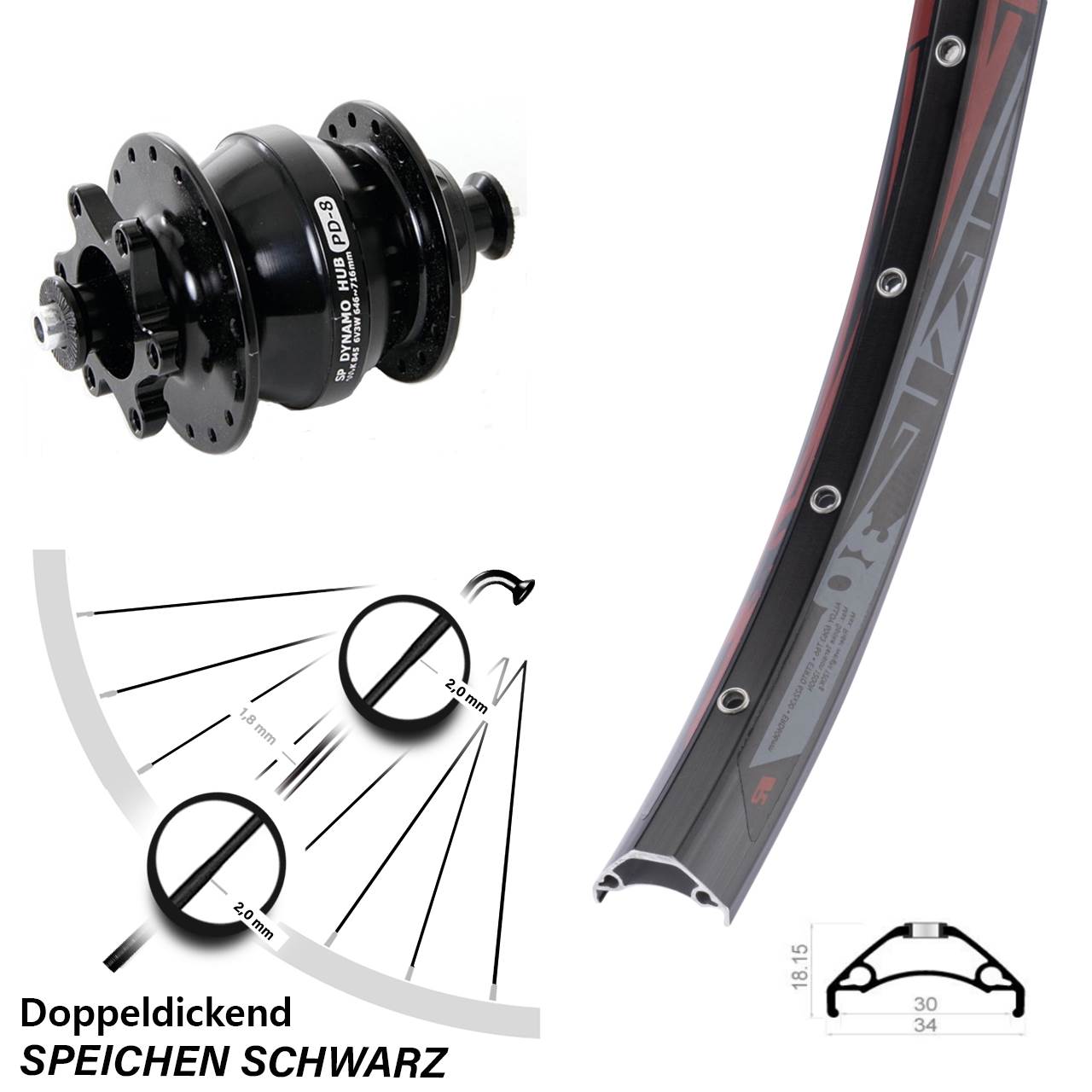 Disc Laufrad mit Nabendynamo 29 Zoll Rodi TRYP30 Shutter PD-8 QR