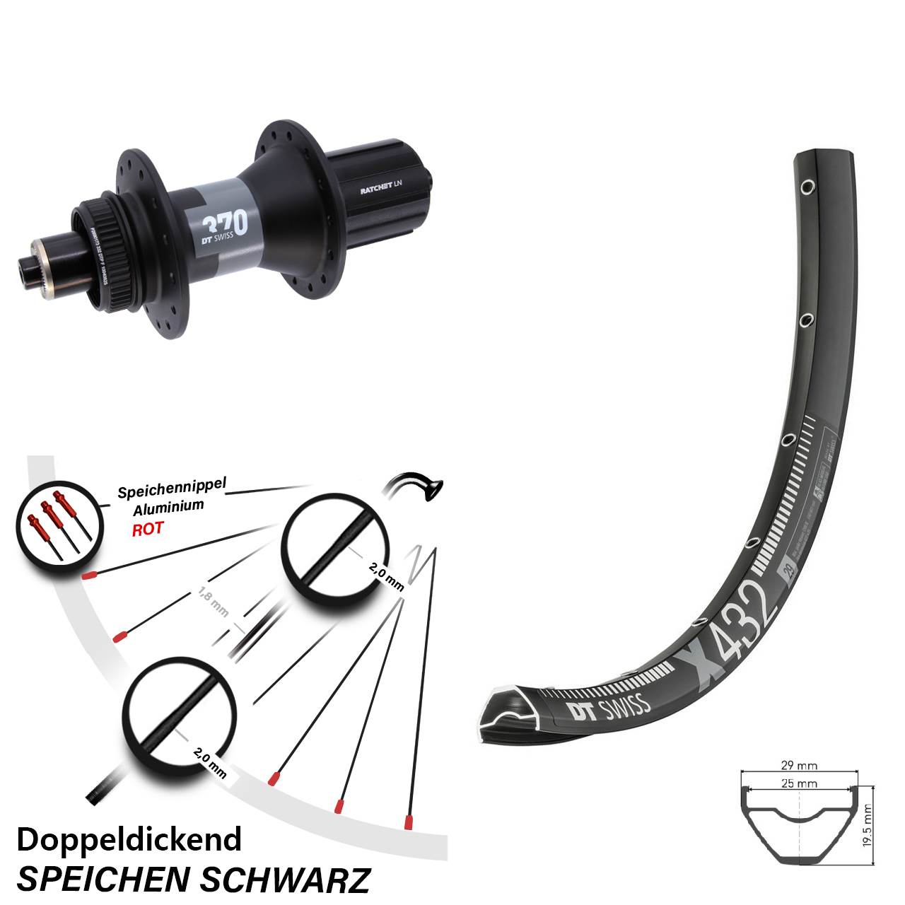 29 Zoll DT Swiss X432-370 Hinterrad 8-12 fach