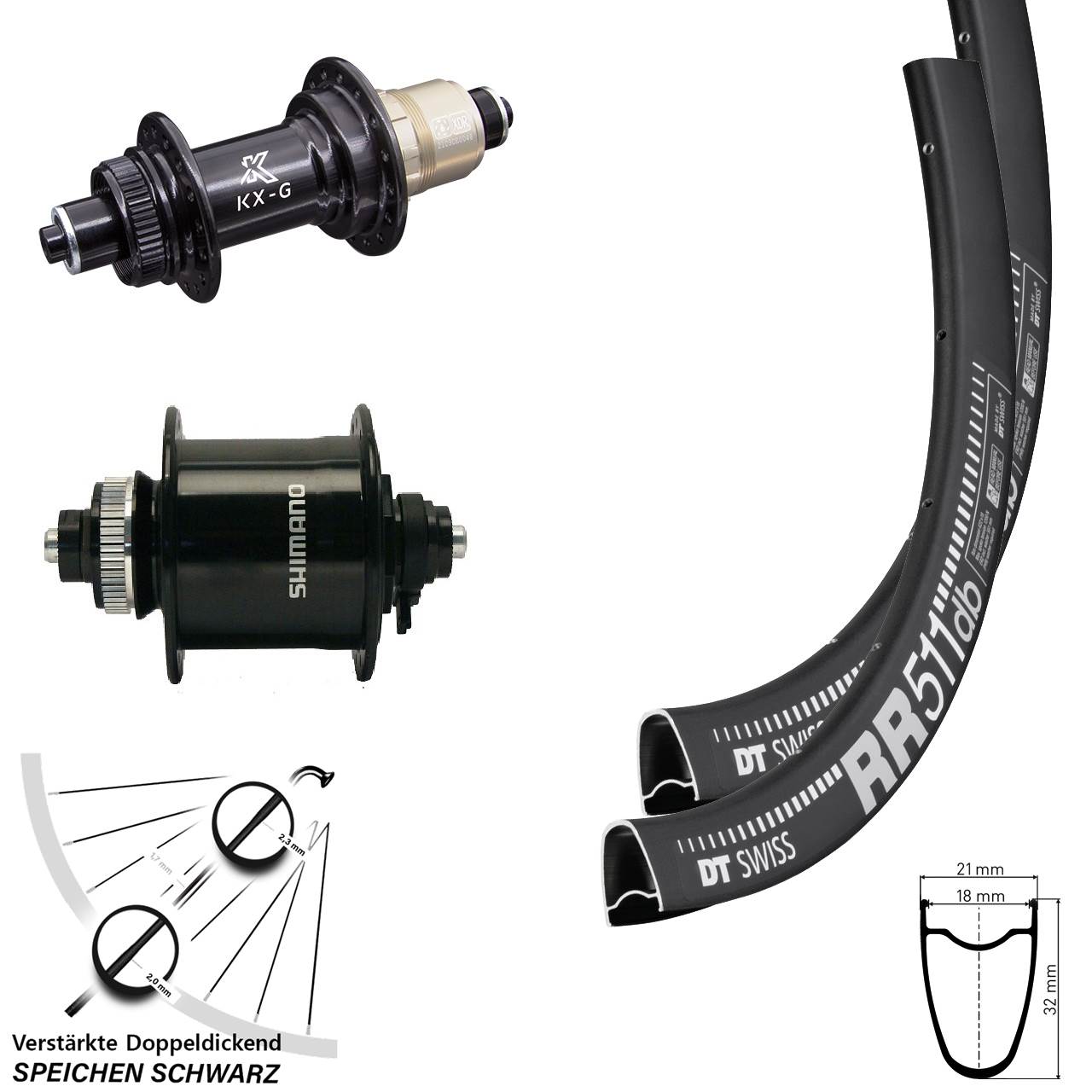 28 Zoll DT Swiss RR 511 KX-G Shimano DH-UR700-3D Laufradsatz für Schnellspanner XDR