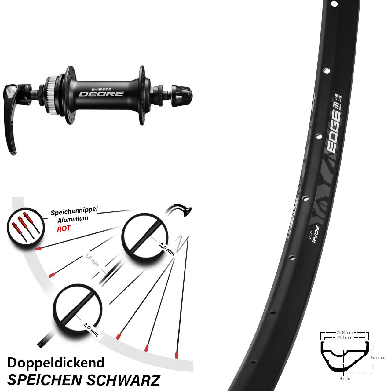 Vorderrad Centerlock QR 29 Zoll Ryde Edge M22 OS Shimano Deore