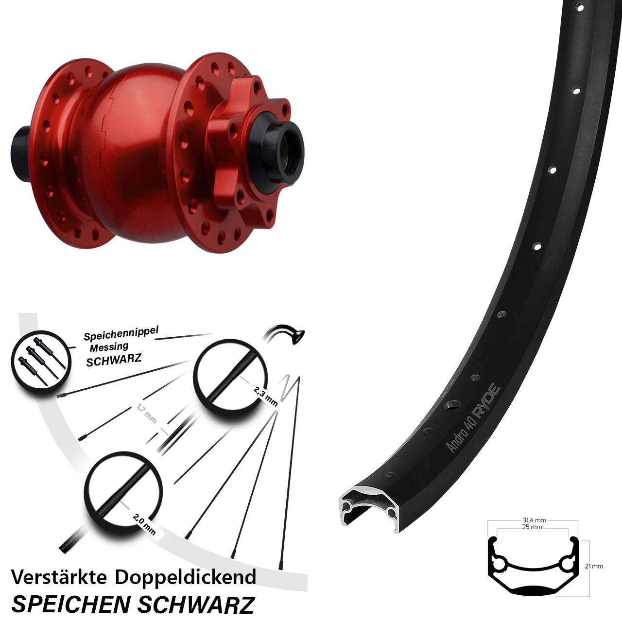 6-Loch Dynamo-Vorderrad 27,5 Zoll Ryde Andra 40 SON 28 rot 15x110 Boost