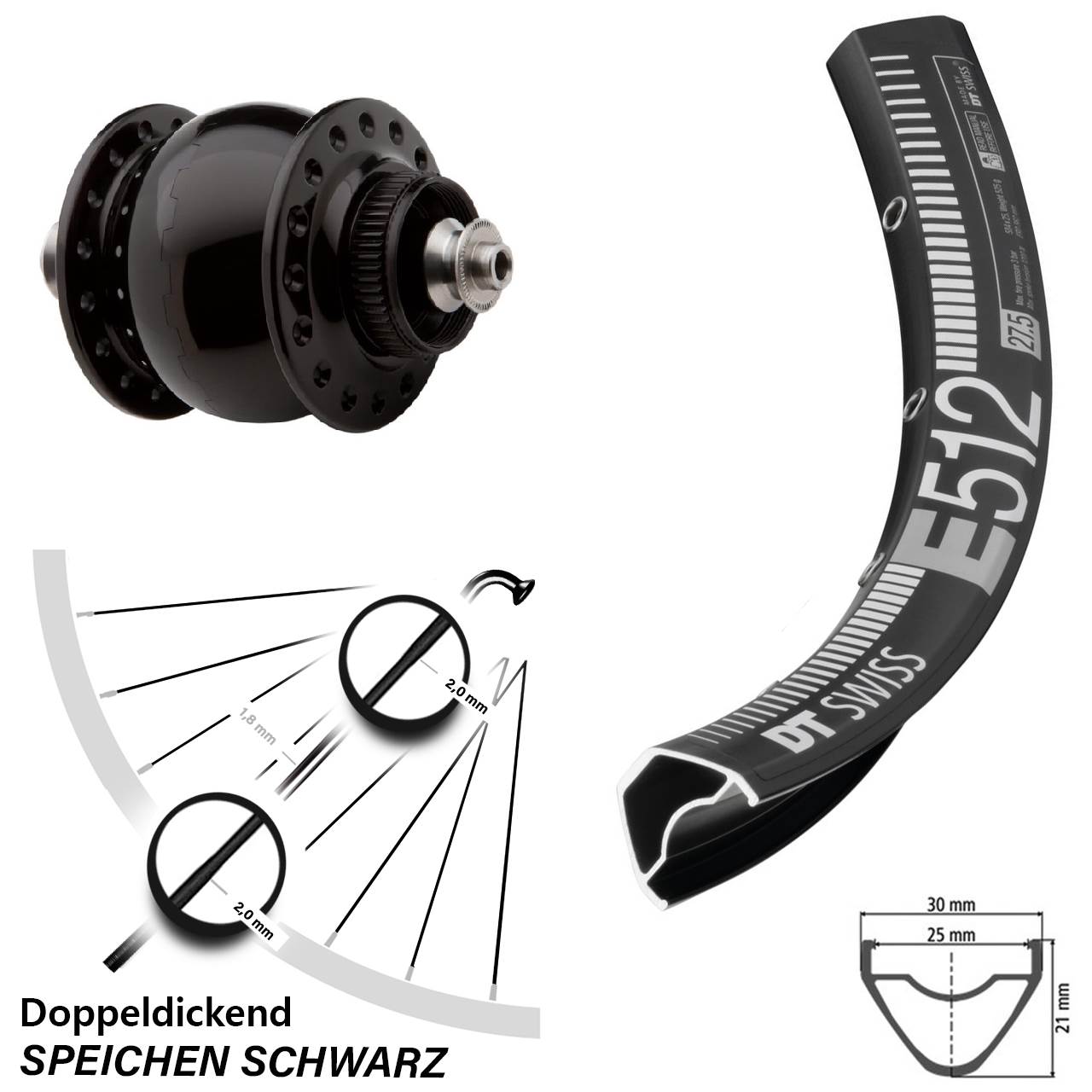 Centerlock Vorderrad mit Dynamo 27,5 Zoll DT Swiss E 512 SON delux für Schnellspanner