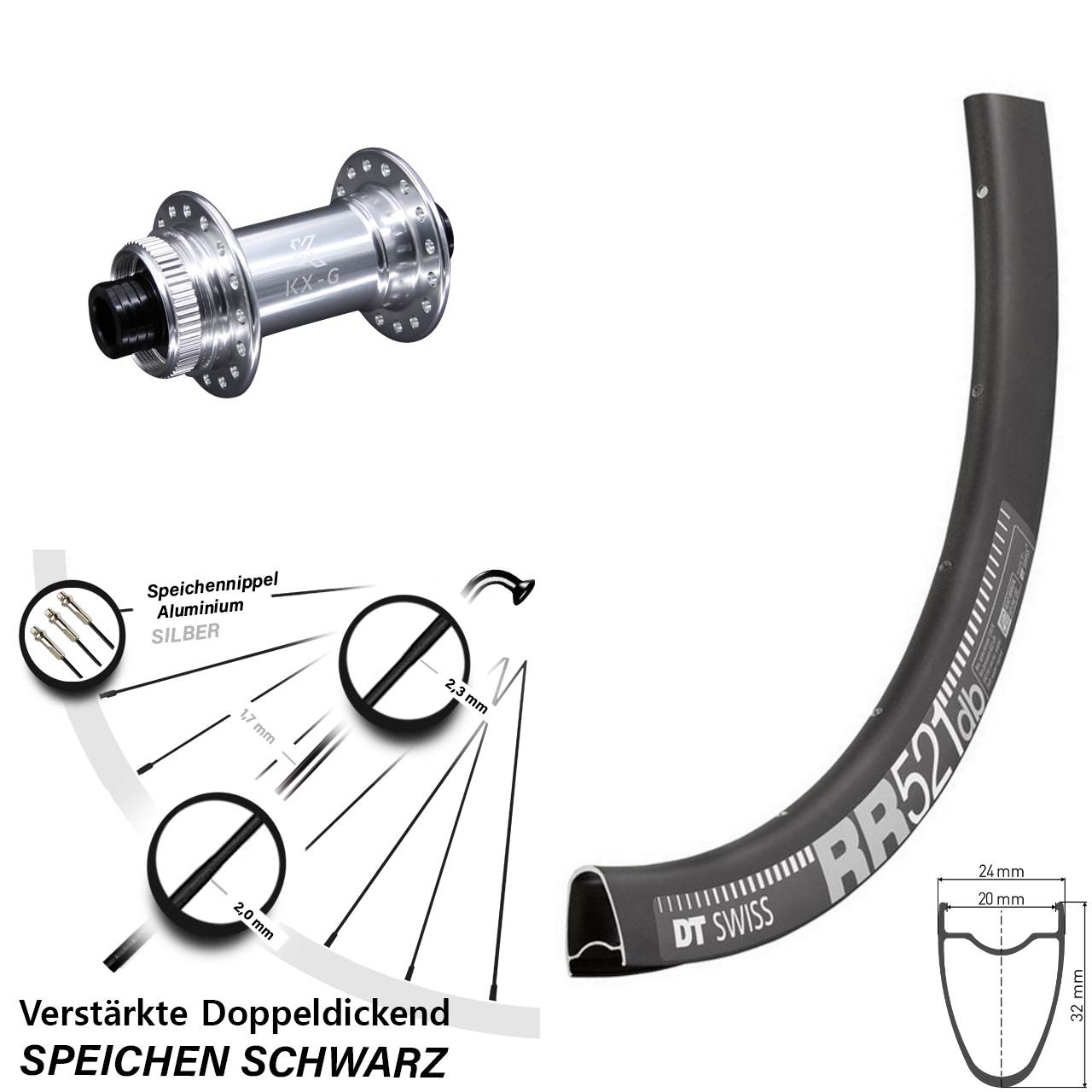 Vorderrad 28 Zoll DT Swiss RR 521 DB schwarz KX-G silbern 12x100
