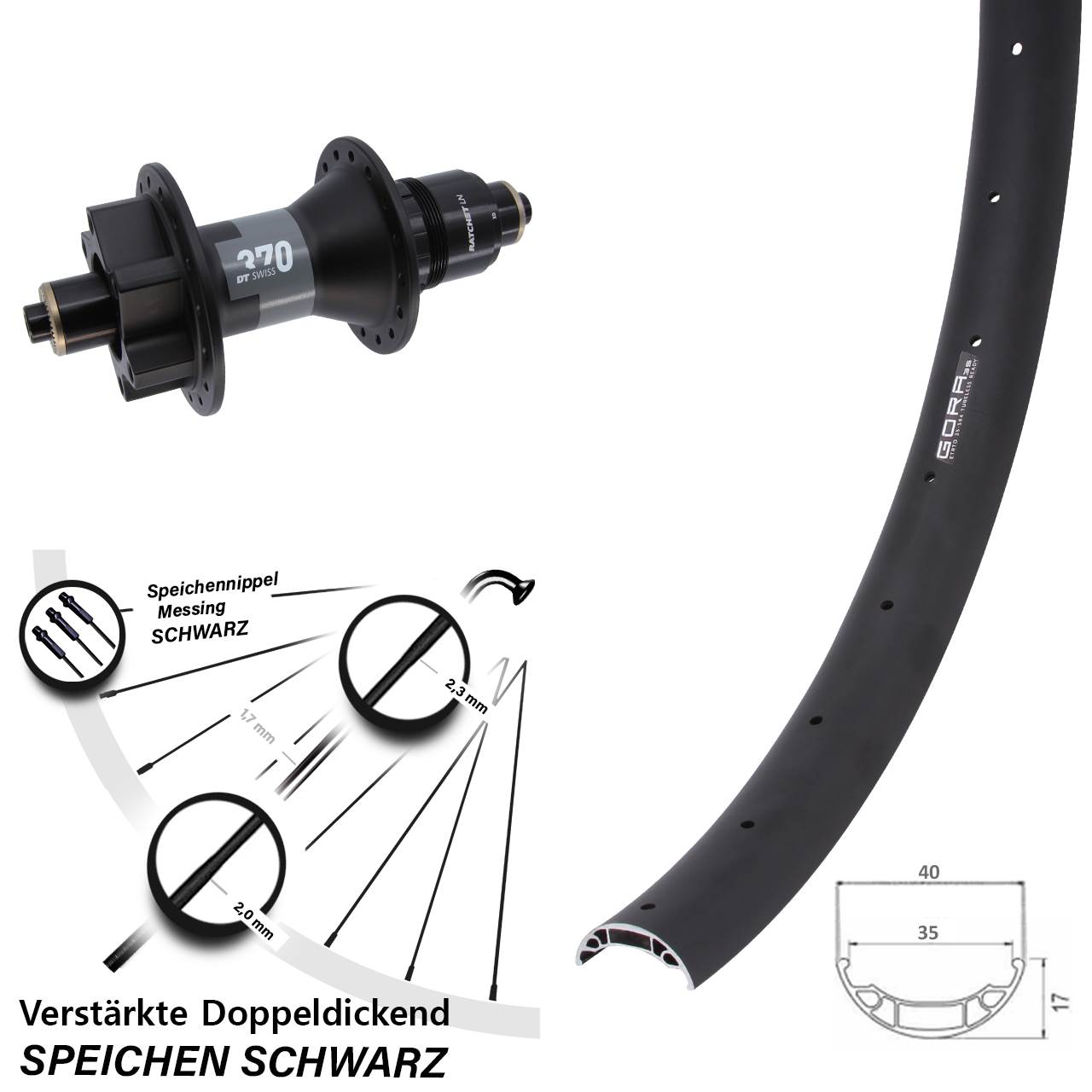 27,5 Zoll Gora 35 DT Swiss 370 Hinterrad 6-Loch für Schnellspanner Boost XD 11-12 fach