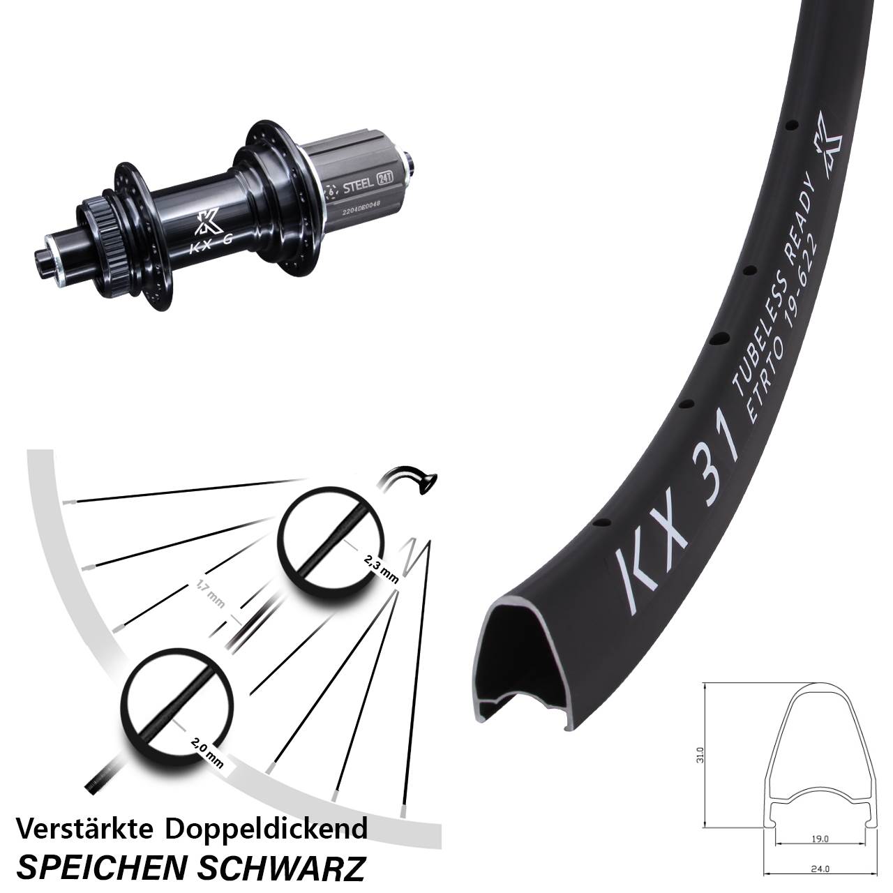 Centerlock Hinterrad QR 28 Zoll KX-GS 31 verstärkt 8-12 fach