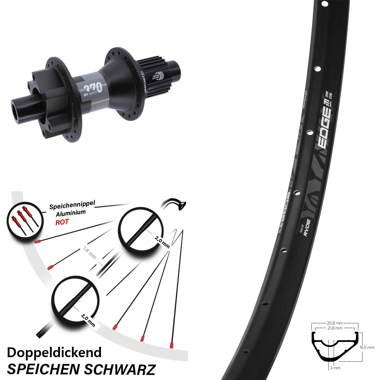 6-Loch Hinterrad 29 Zoll Ryde Edge M22 DT Swiss 370 Shimano Micro Spline 12x142