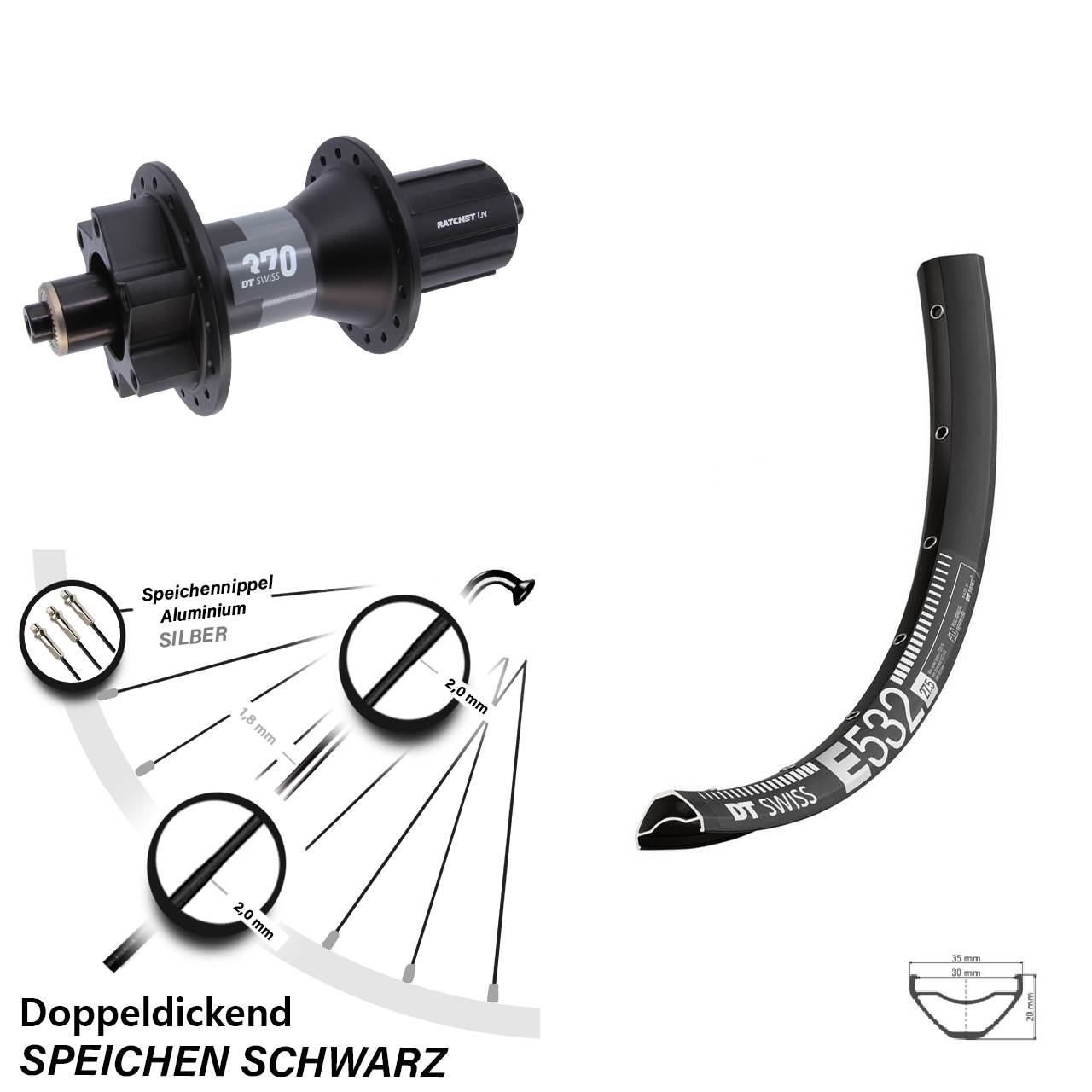 29 Zoll DT Swiss E532-370 Disc Laufrad für Schnellspanner 8-11 fach