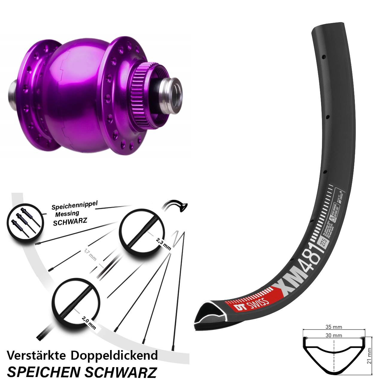 Centerlock Vorderrad mit Dynamo 27,5 Zoll DT Swiss XM 481 SON 28 violett 12x100