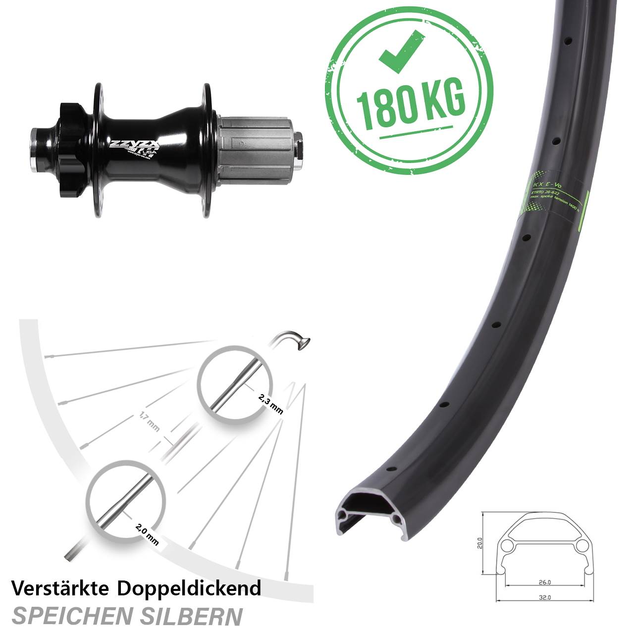26 Zoll Hinterrad KX Evo Disc für Steckachse 10 x 135 mm 8-11 fach