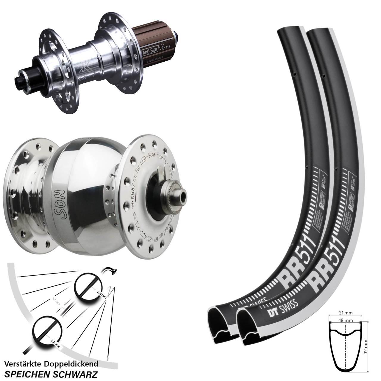 DT Swiss RR511 KX-T SON delux wide body 28 Zoll Laufradsatz für Schnellspanner 8-12 fach